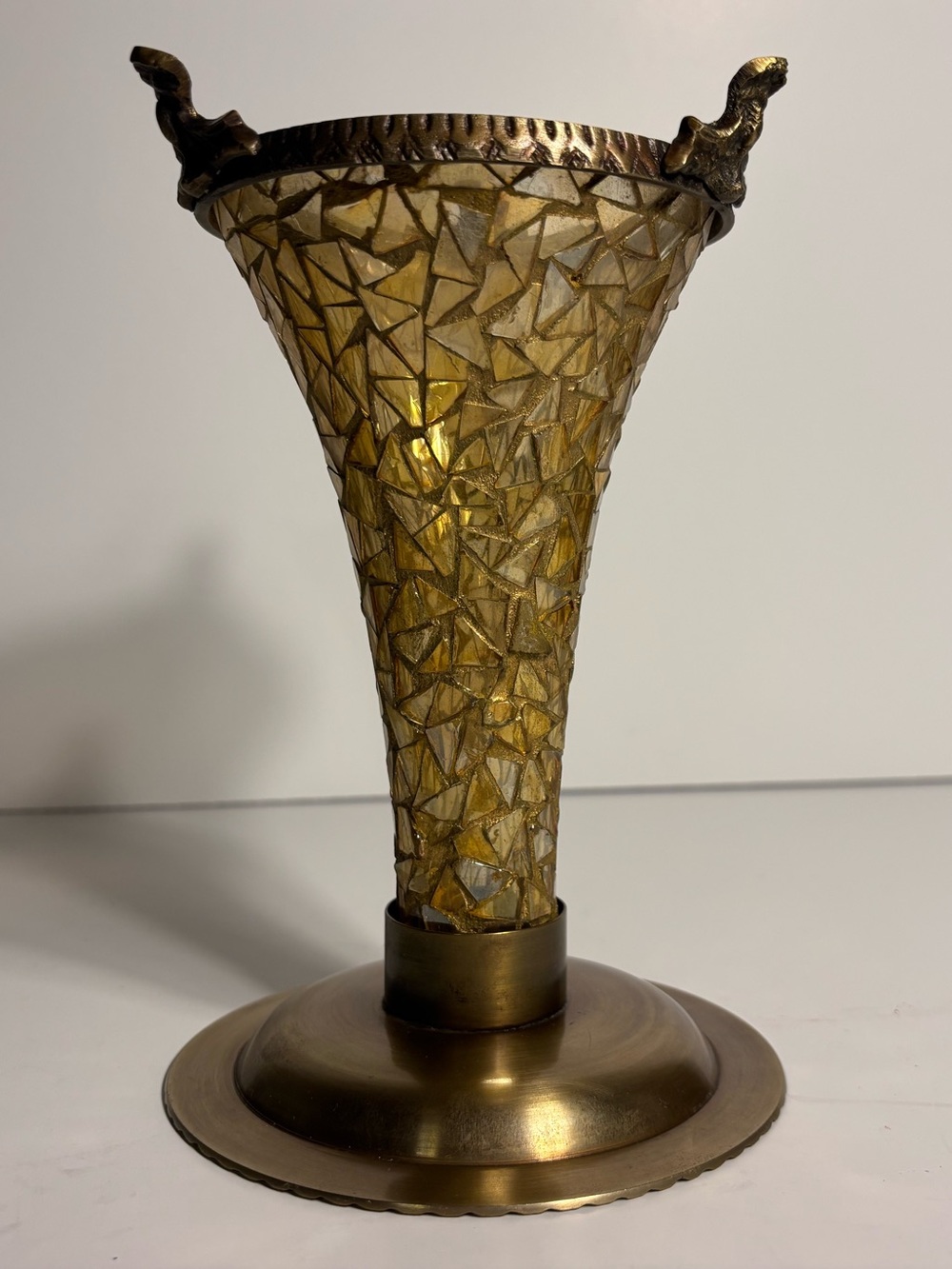 Vintage Amber Mosaic Glass Brass Trumpet Vase Hollywood Regency MCM Retro Decor